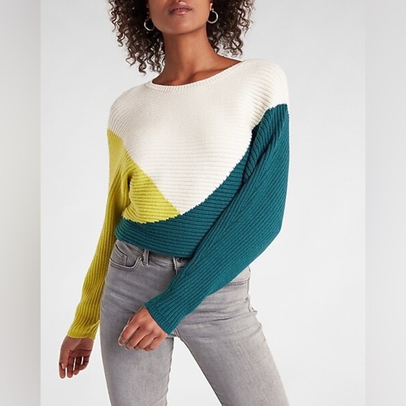 Express Sweater Blue Green Color Block Ribbed Dolman Sleeve Sweater Size Small - Picture 1 of 16